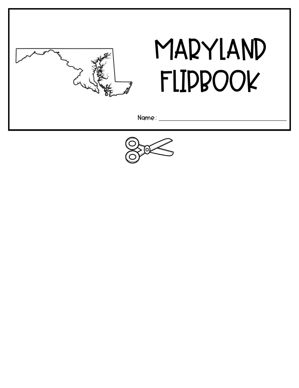 Student flipbook cover for the Cut and Go version includes a Maryland outline map and a name prompt
