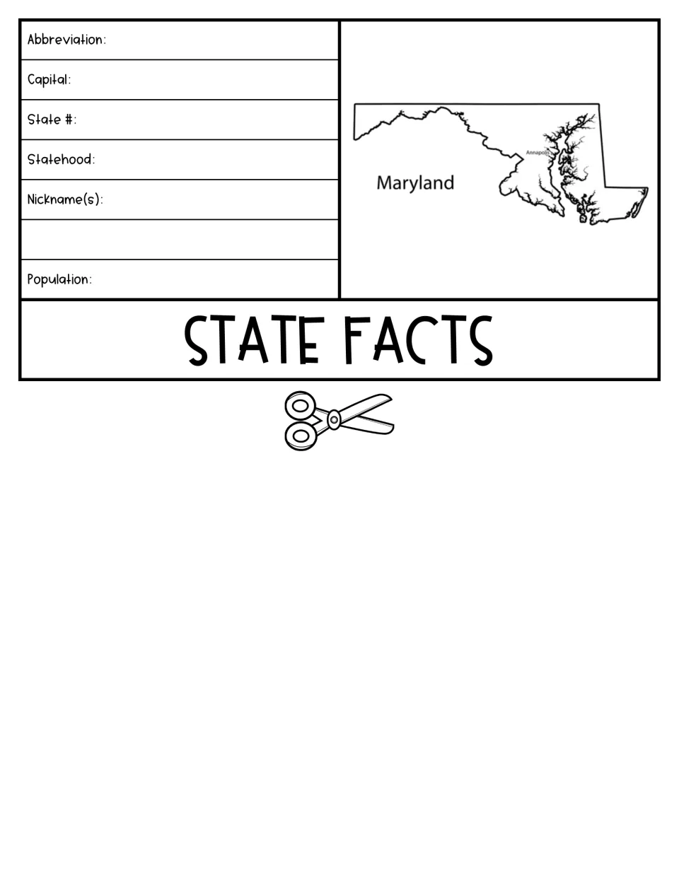 State Facts flipbook page asks for Maryland's abbreviation, capital, state number, statehood, and population