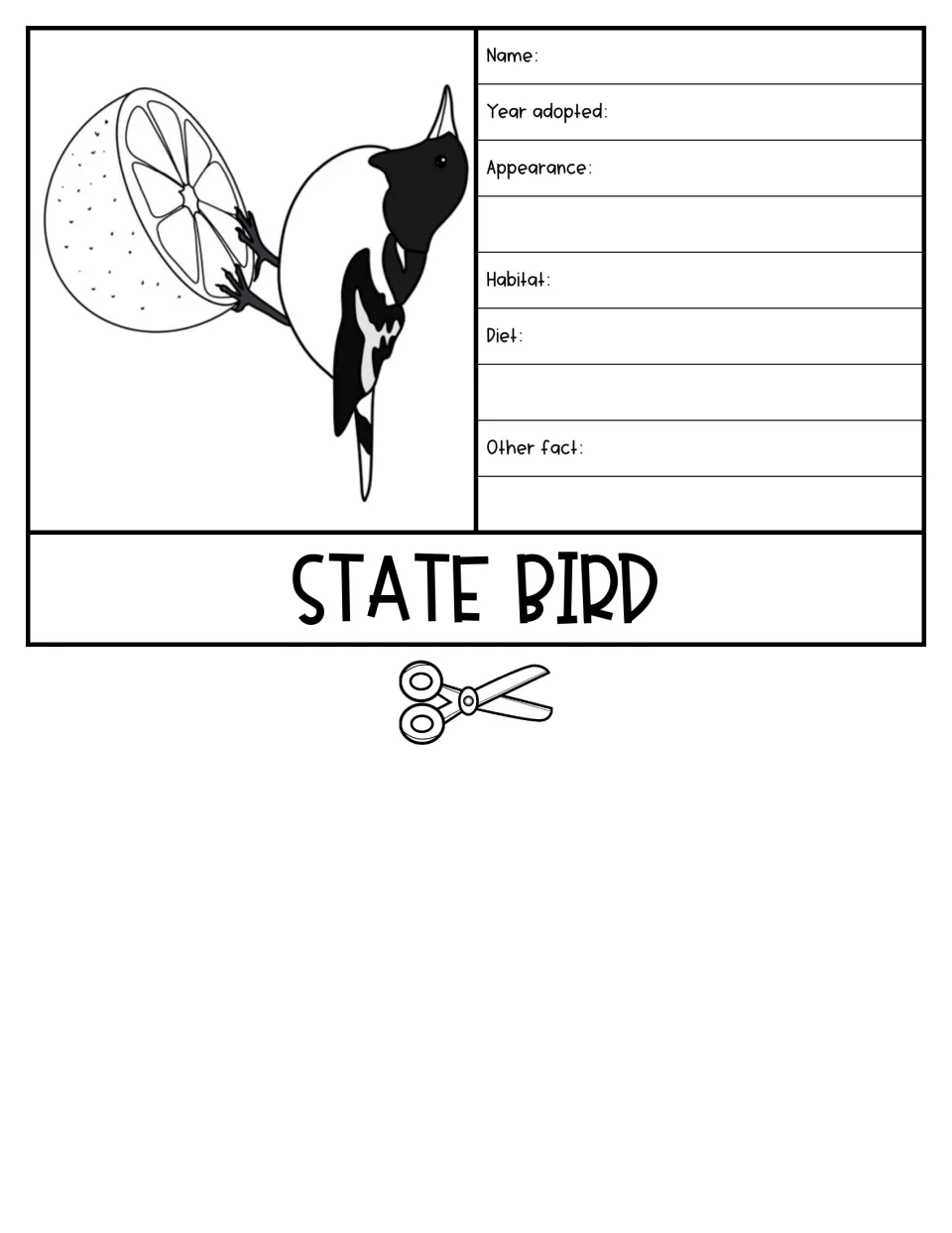 State Bird flipbook page pairs a bird illustration with prompts for its name, adoption year, habitat, and diet