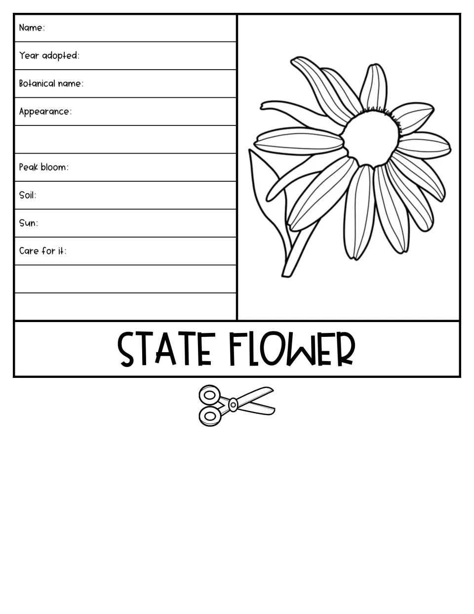 State Flower flipbook page includes a flower to color and prompts for botanical name, peak bloom, and care