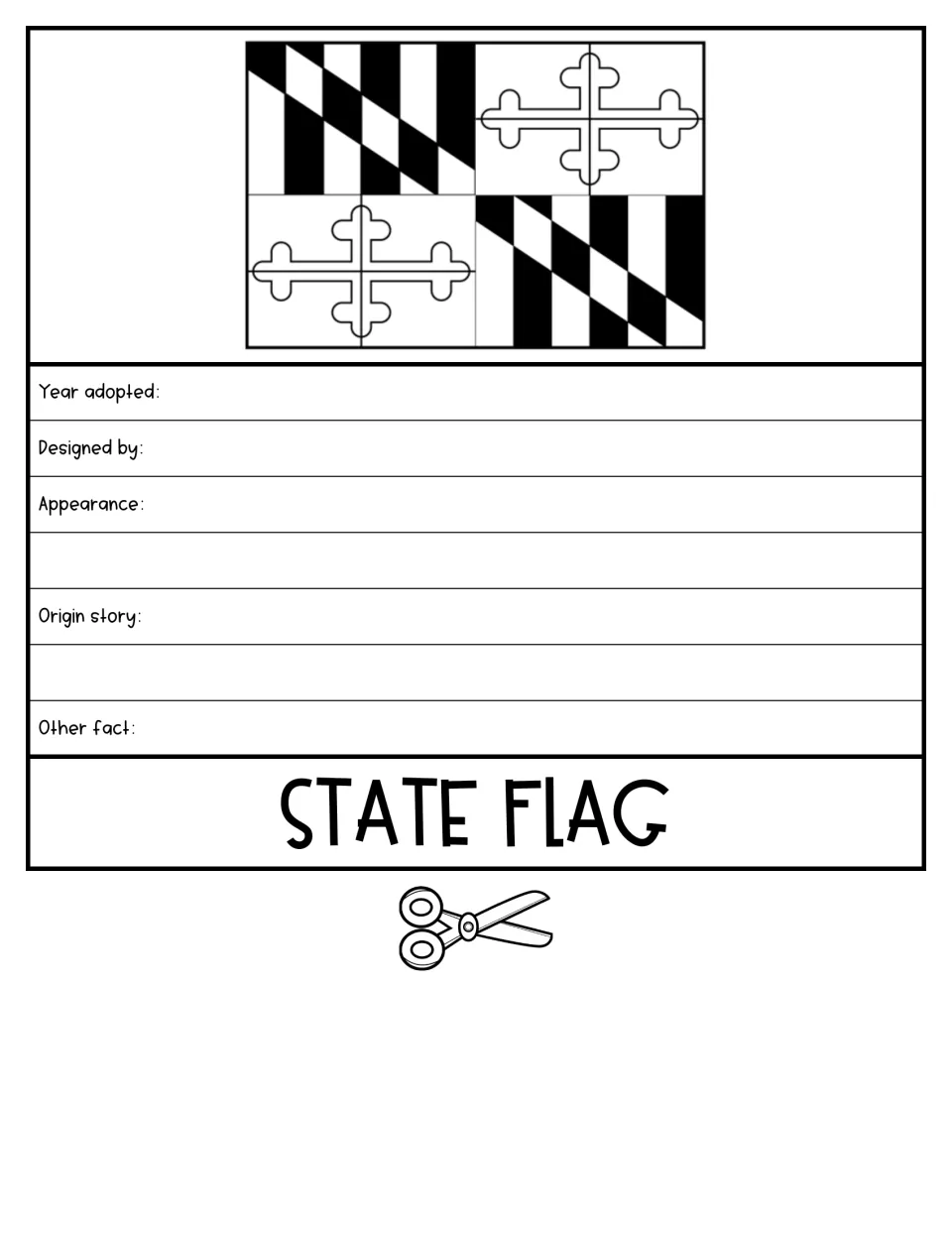 State Flag flipbook page shows Maryland's flag and asks for its adoption year, designer, and origin story