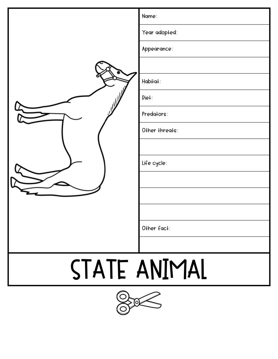 State Animal flipbook page shows a horse and asks for its name, habitat, diet, predators, threats, and life cycle