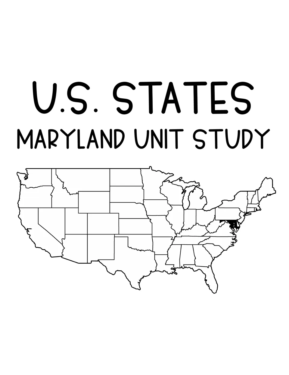 Maryland unit study cover titled 'U.S. States' with a United States map highlighting Maryland's location