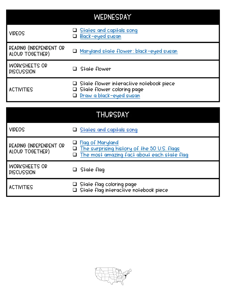 Wednesday and Thursday plans cover the black-eyed Susan and Maryland flag with reading, coloring, and notebook tasks