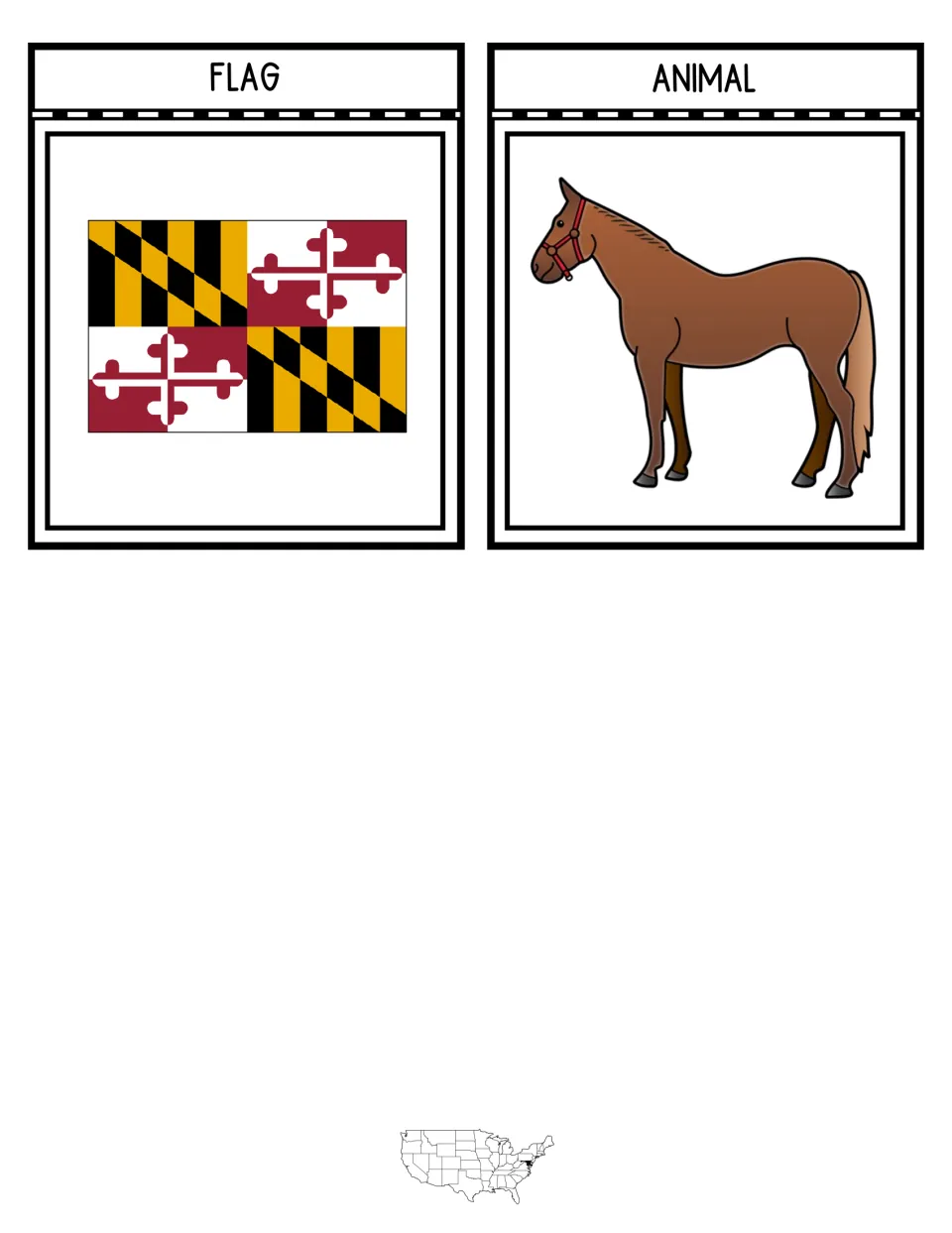 Two interactive notebook pieces labeled Flag and Animal show the Maryland flag and a brown thoroughbred horse