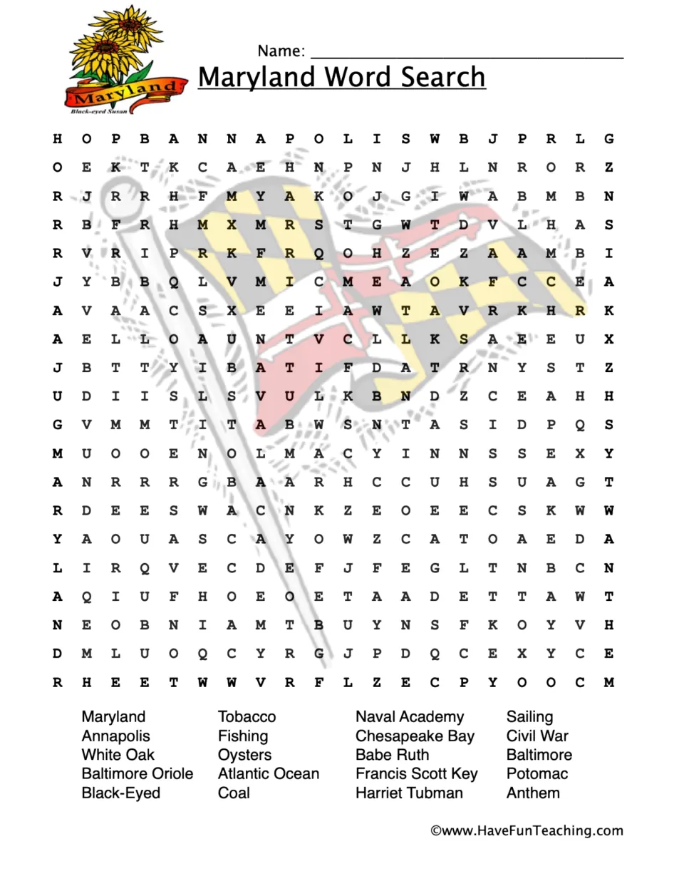 Word search for Maryland vocabulary: Annapolis, White Oak, Chesapeake Bay, Harriet Tubman, and 16 more.
