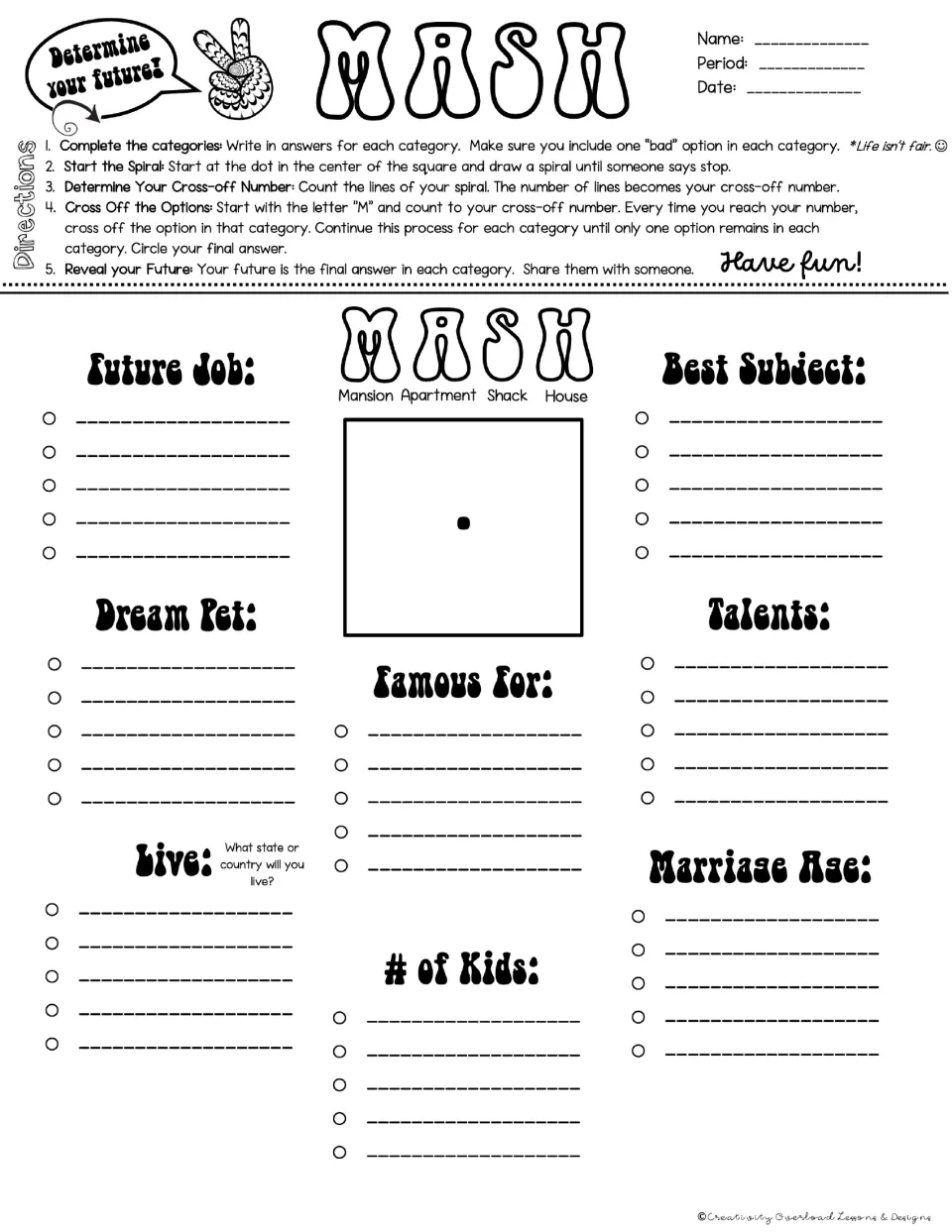 MASH game board 1: Future Job, Dream Pet, Live, Famous For, # of Kids, Best Subject, Talents, and Marriage Age