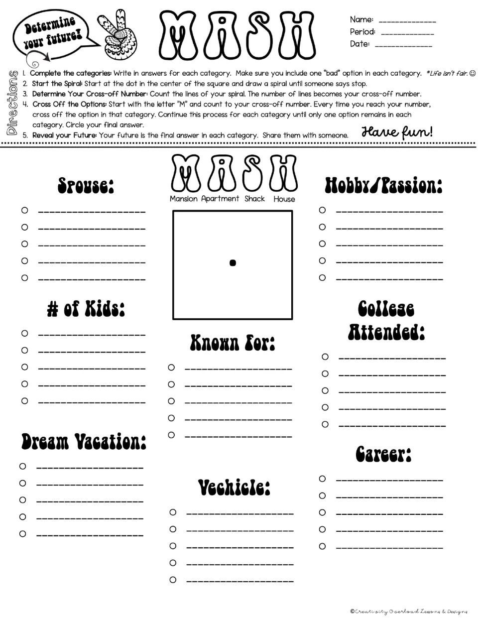 MASH game board 2: Spouse, # of Kids, Dream Vacation, Known For, Vehicle, Hobby/Passion, College Attended, and Career