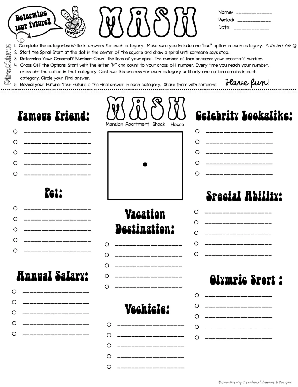 MASH game board 3: Famous Friend, Pet, Annual Salary, Vacation Destination, Vehicle, and three more categories