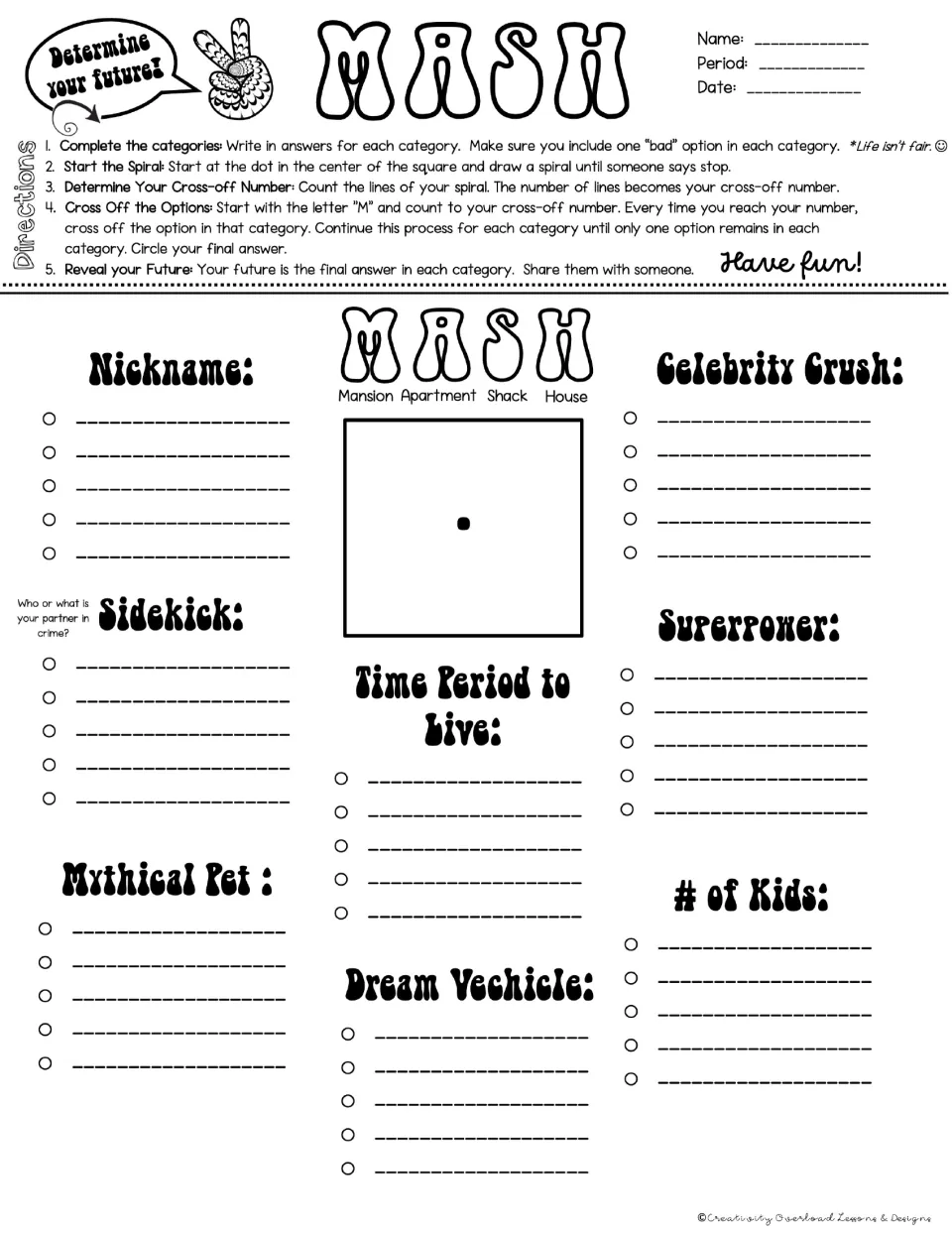 MASH game board 4: Nickname, Sidekick, Mythical Pet, Time Period to Live, and four more future categories