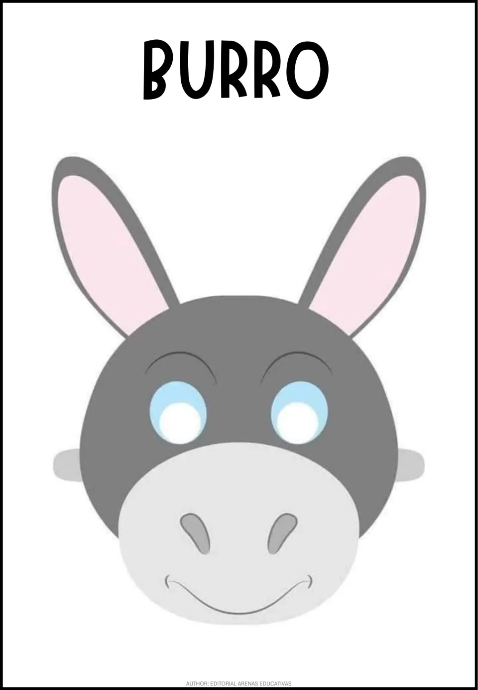 Spanish word BURRO above a gray donkey face mask with long pink-lined ears and eye holes, ready to print and cut out