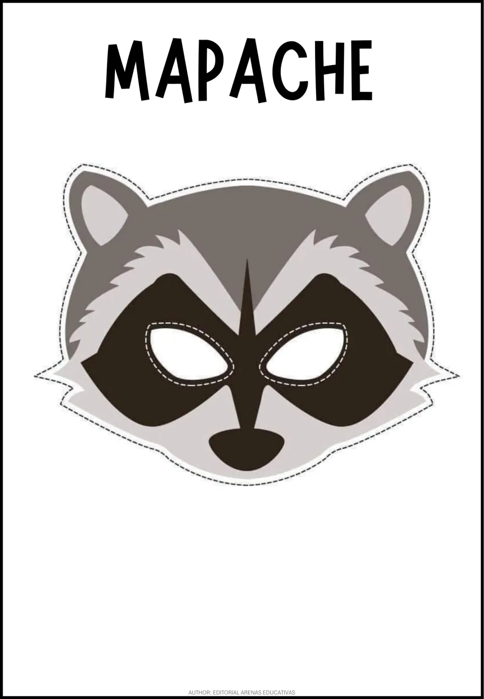 Spanish word MAPACHE over a gray raccoon face mask with a dark eye band, eye holes and dashed lines for students to cut
