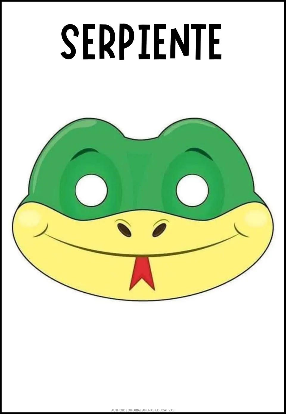 Spanish word SERPIENTE names a smiling green and yellow snake face mask with a red forked tongue and two round eye holes