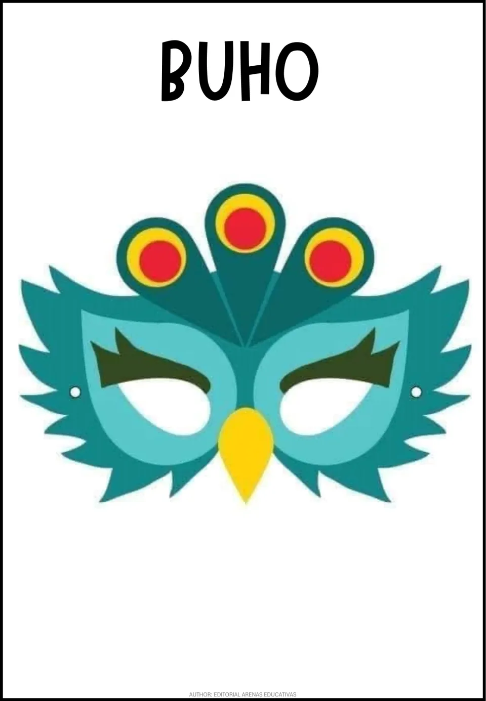 Spanish word BUHO over a teal bird mask with a yellow beak, three red and yellow crest feathers and almond eye holes