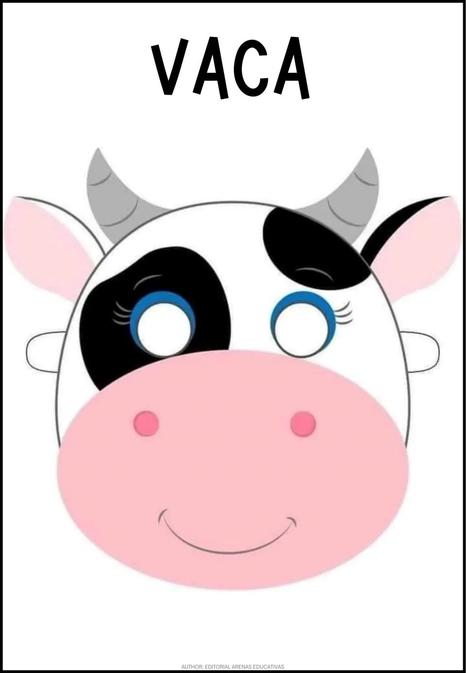 Spanish word VACA labels a black-and-white cow face mask with gray horns, pink ears and snout, and lashed eye holes