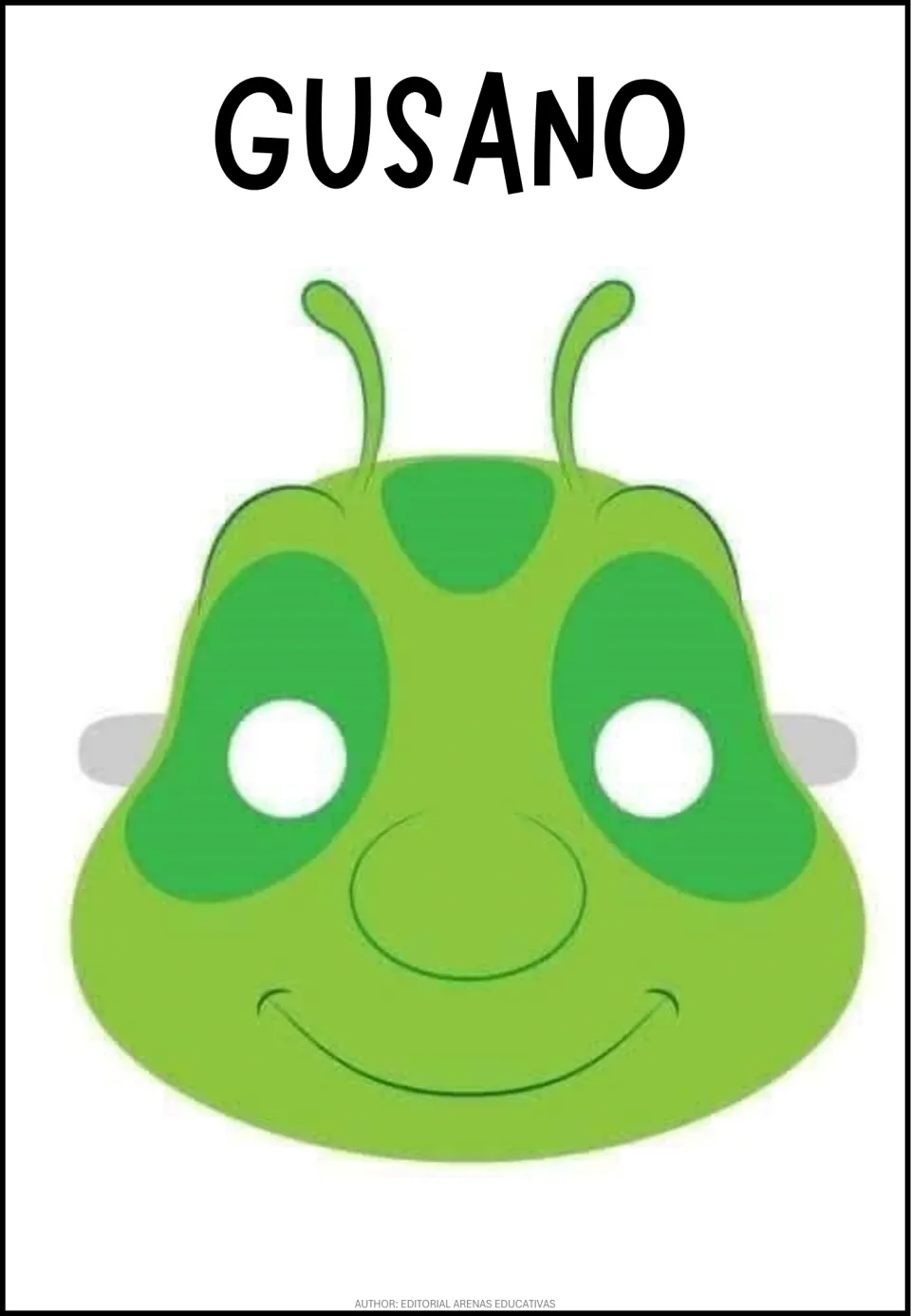 Spanish word GUSANO labels a green bug face mask with two curled antennae, a wide smile and round eye holes for wearing