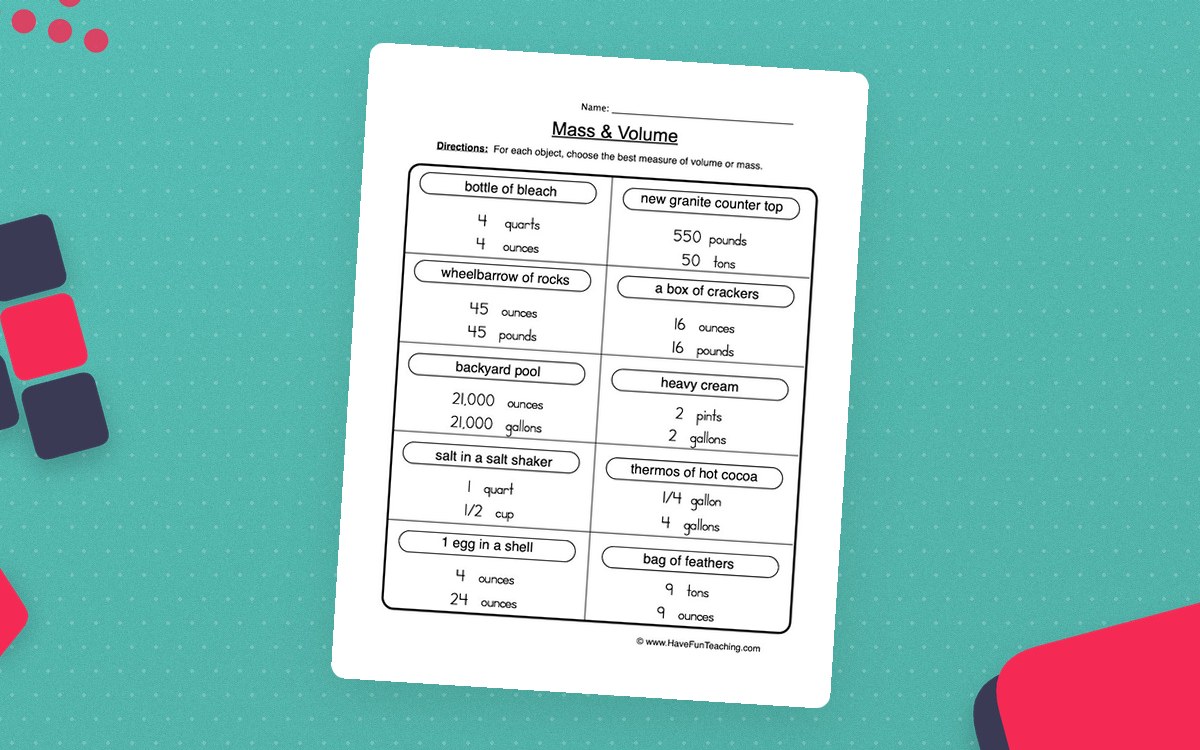 Mass and Volume worksheet with paired measurement choices for familiar objects and containers