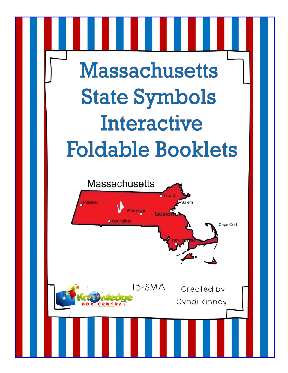 Cover for Massachusetts State Symbols Interactive Foldable Booklets, featuring a map with labeled cities