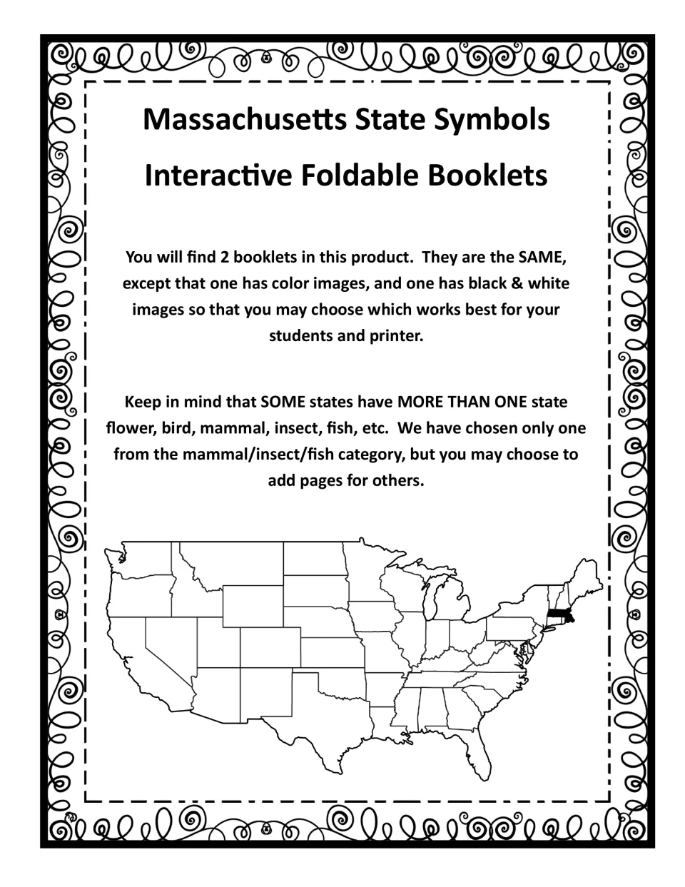 Booklet introduction explains the color and black-and-white versions and the selection of state symbols