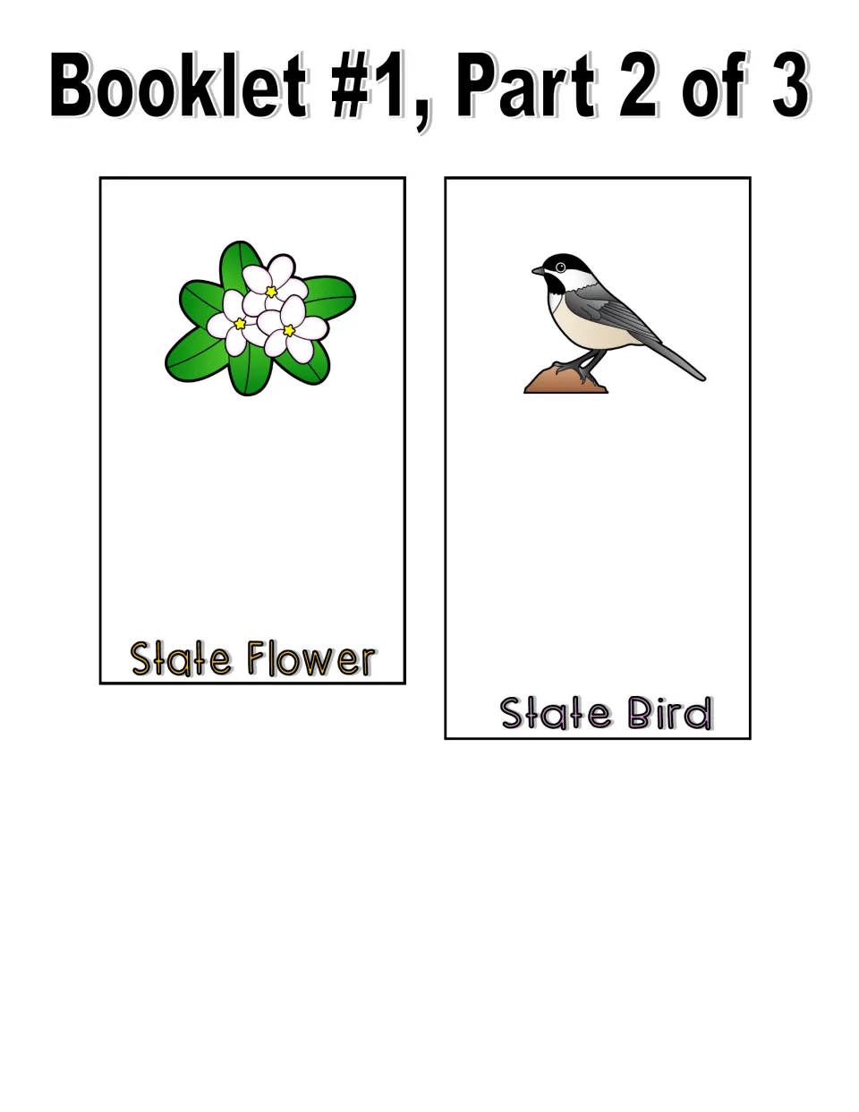 Color booklet, part 2 of 3: State Flower and State Bird pages with flower and chickadee illustrations
