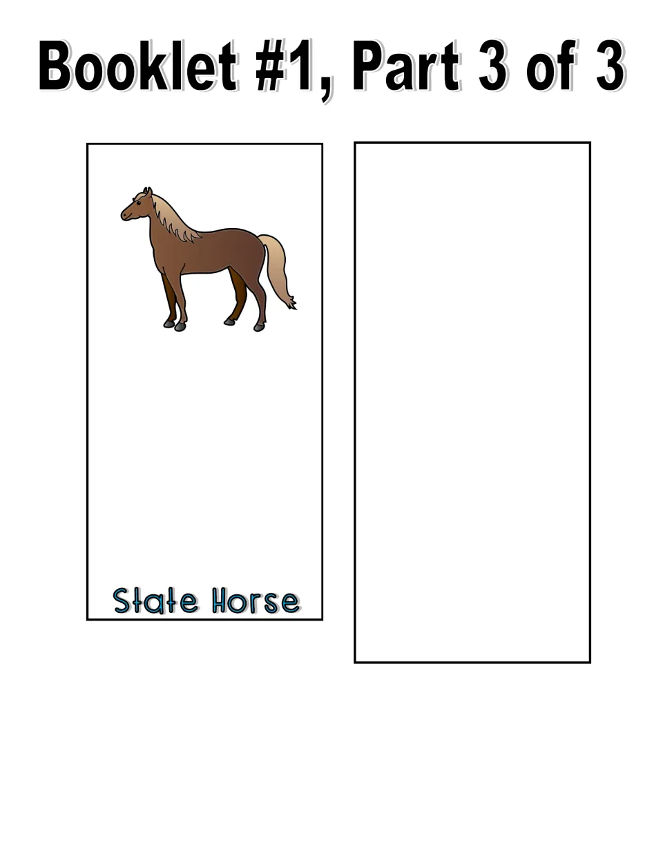 Color booklet, part 3 of 3: State Horse page with a horse illustration and a blank page for another symbol