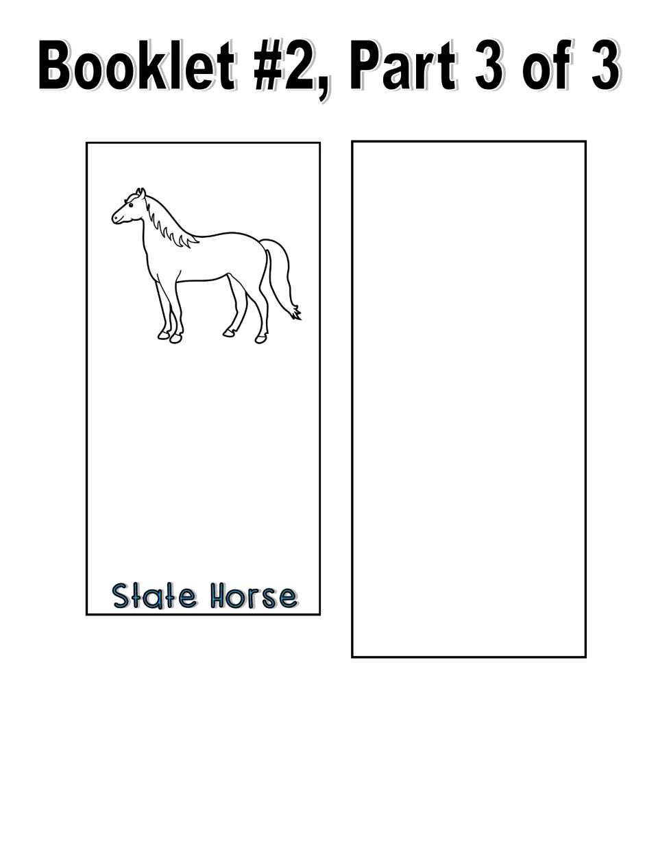 Booklet 2, part 3 of 3: State Horse page with a black-and-white horse and a blank page for another symbol