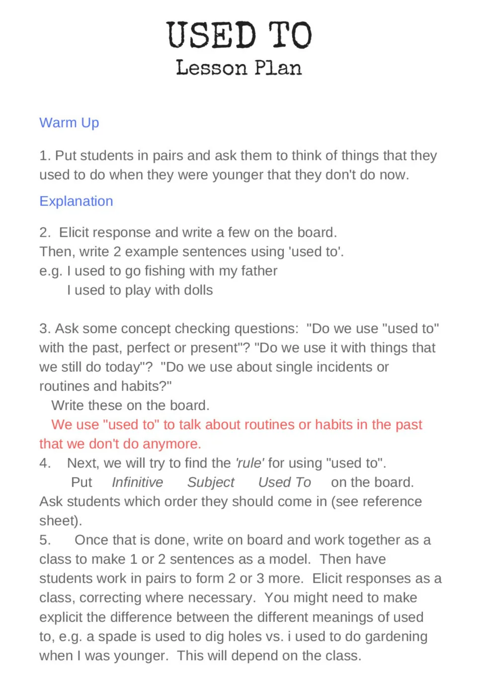 Used to lesson plan: pair warm-up on past habits, example sentences, concept checks and building the used to word order