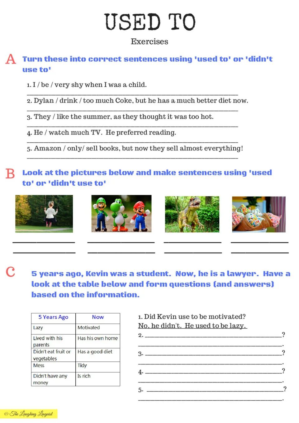 Used to exercises: students build sentences from prompts, write about 4 photos and form questions from a then/now table