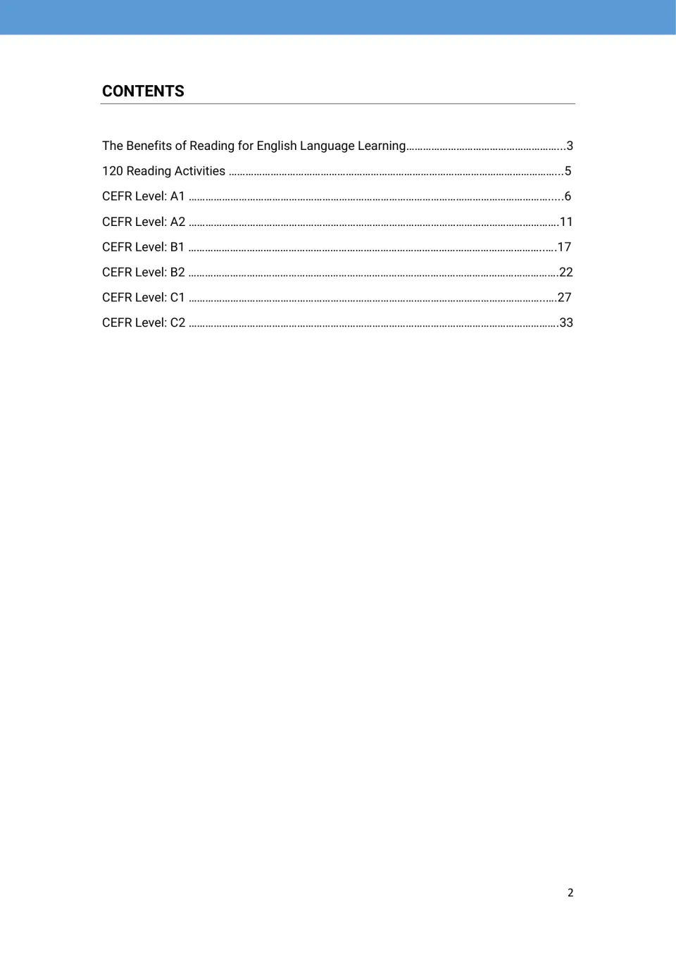 Reading book contents: reading benefits on page 3, activity introduction on page 5, and CEFR sections A1–C2