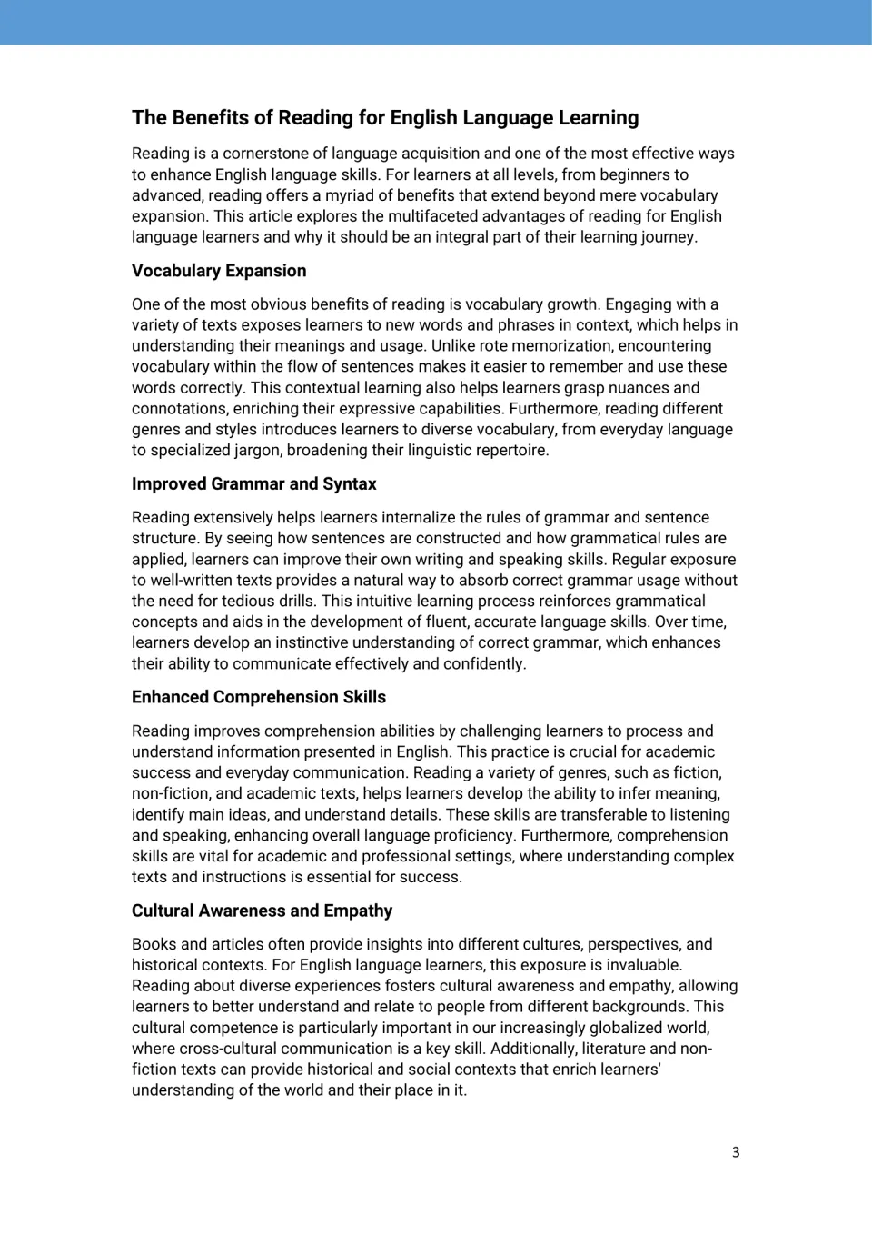 Reading benefits introduction covers vocabulary, grammar and syntax, comprehension, and cultural awareness