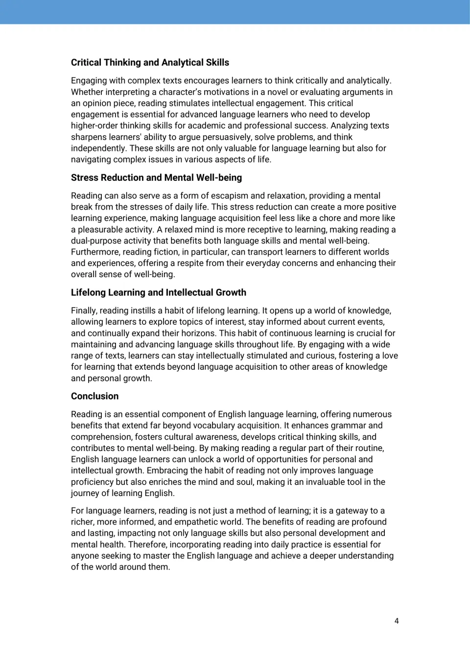 Reading benefits introduction continues with critical thinking, stress reduction, lifelong learning, and a conclusion
