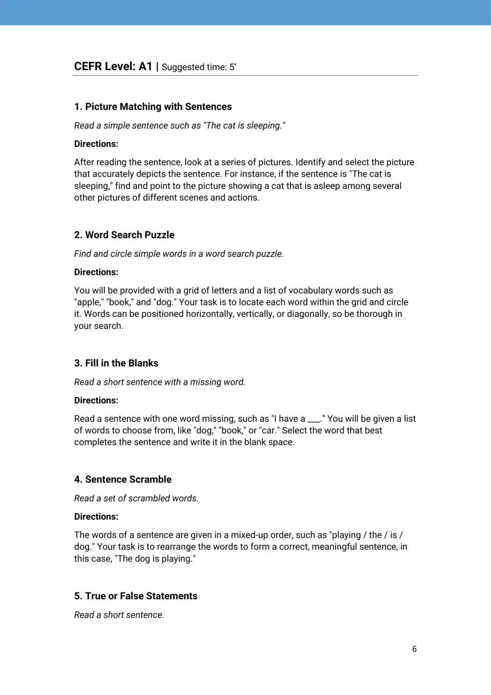 A1 activity ideas 1–5: sentence-picture matching, word searches, fill in the blanks, scrambles, and true or false