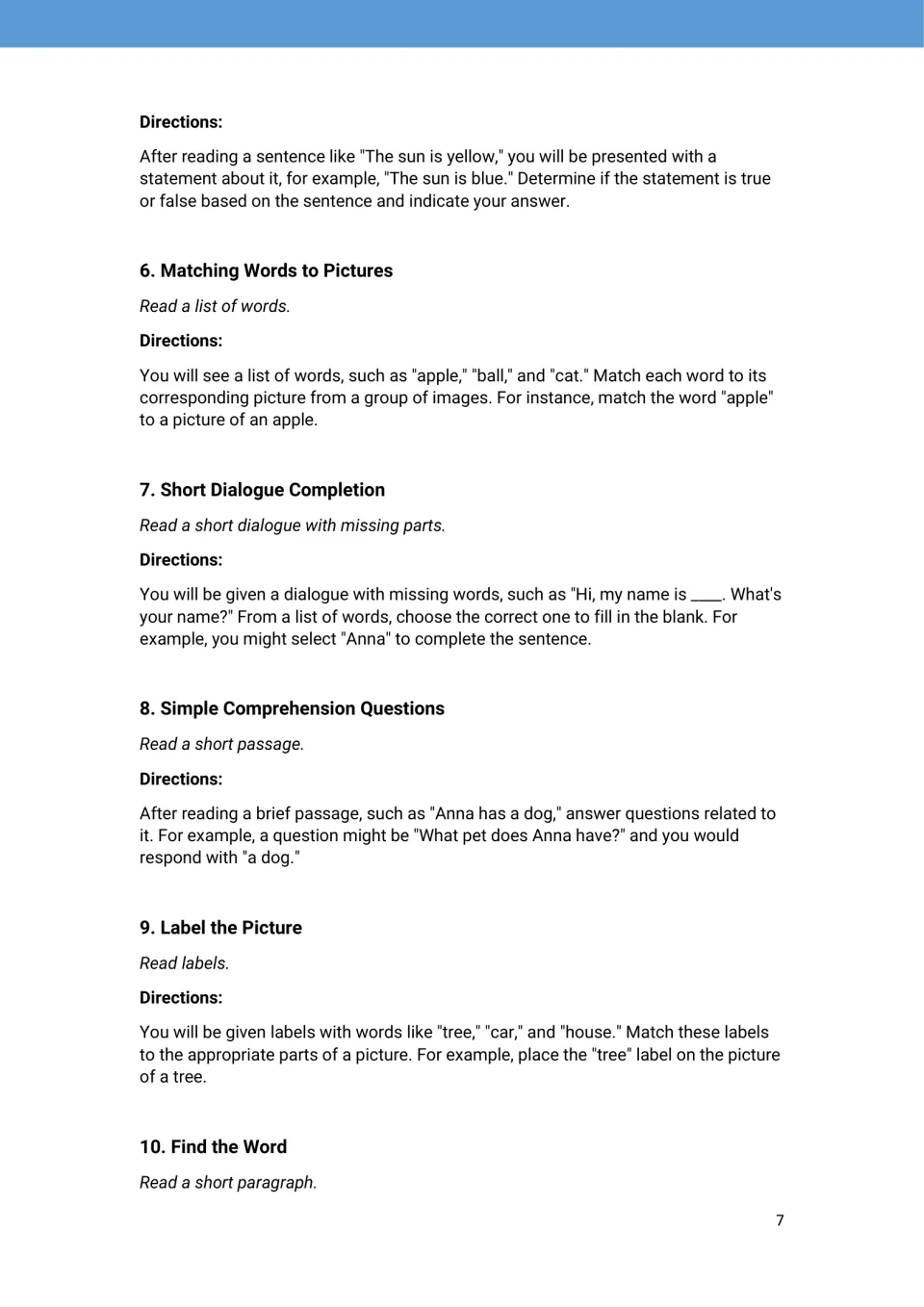 A1 directions finish activity 5, then introduce word-picture matching, dialogue completion, and activities 8–10