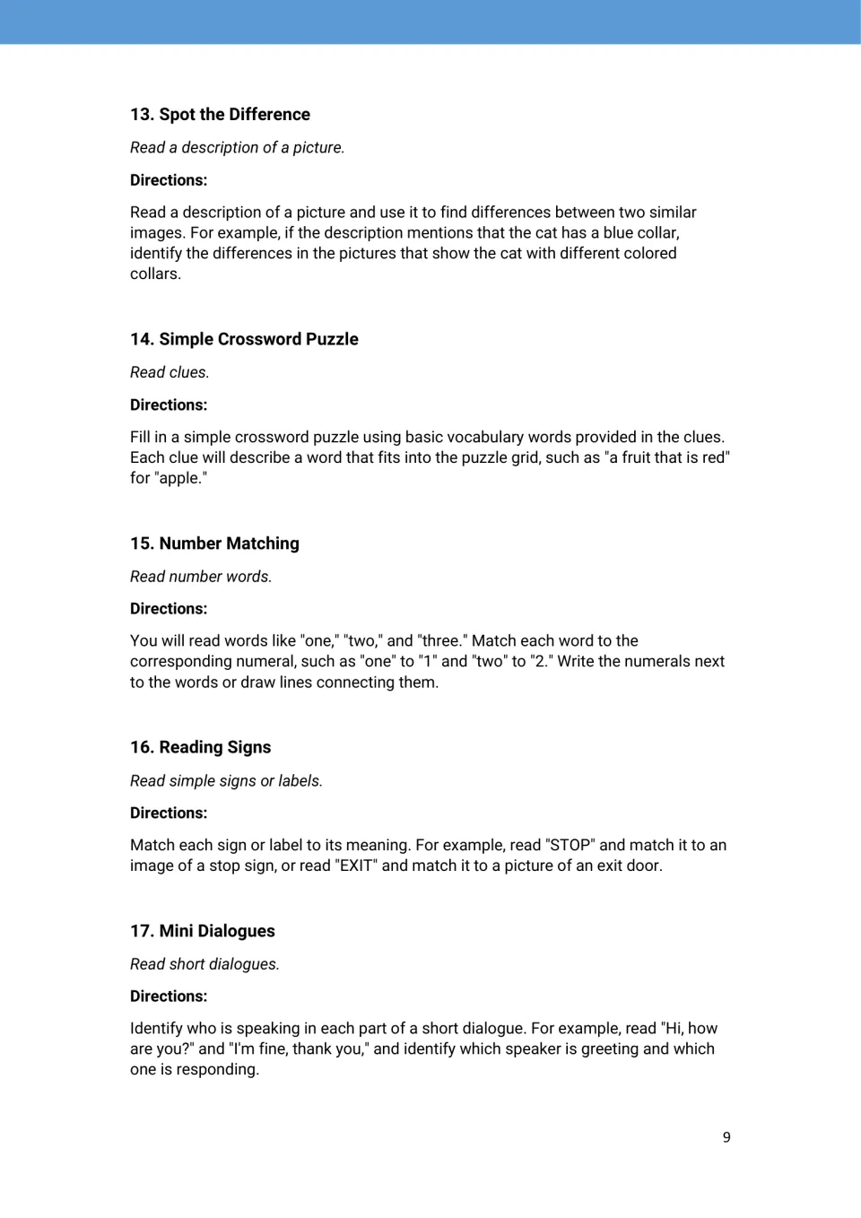 A1 activity ideas 13–17: spot the difference, simple crosswords, number matching, reading signs, and mini dialogues