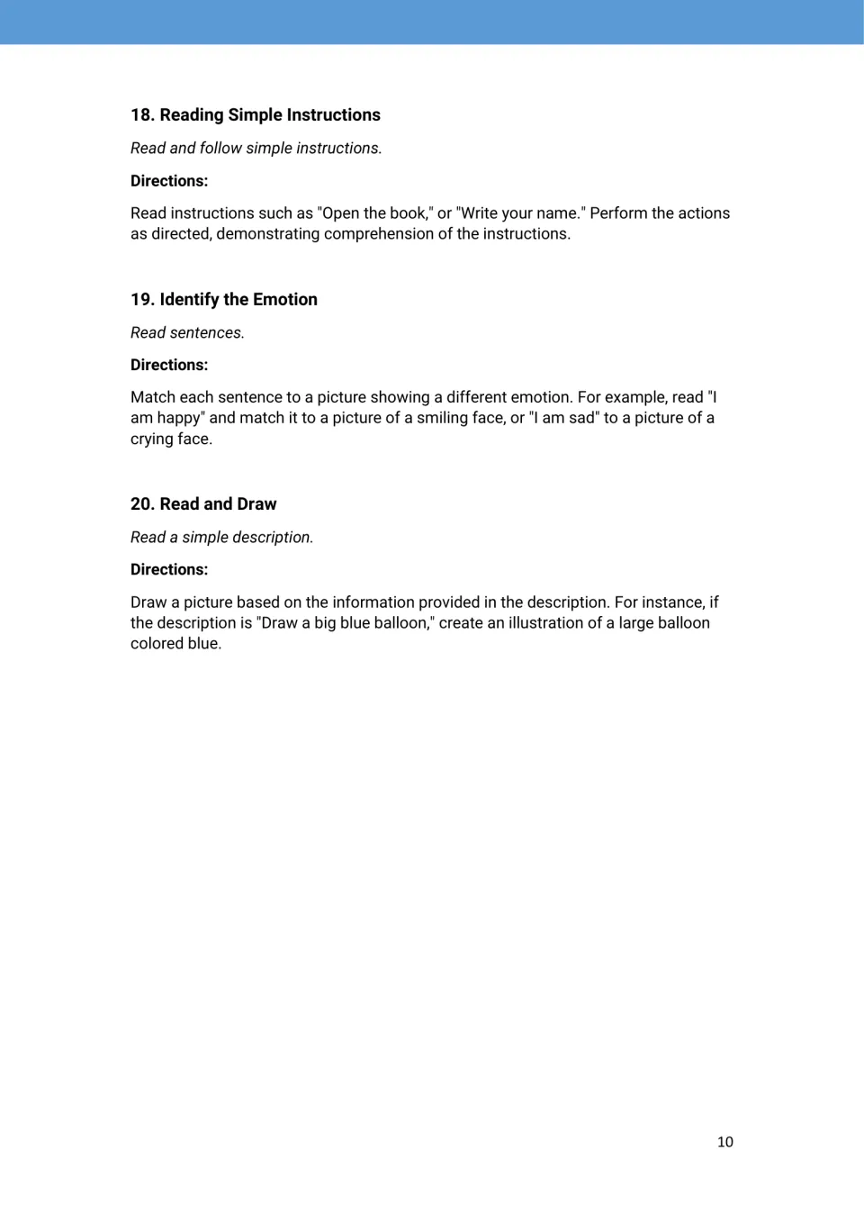 A1 activity ideas 18–20 explain following written instructions, matching sentences to emotions, and reading to draw