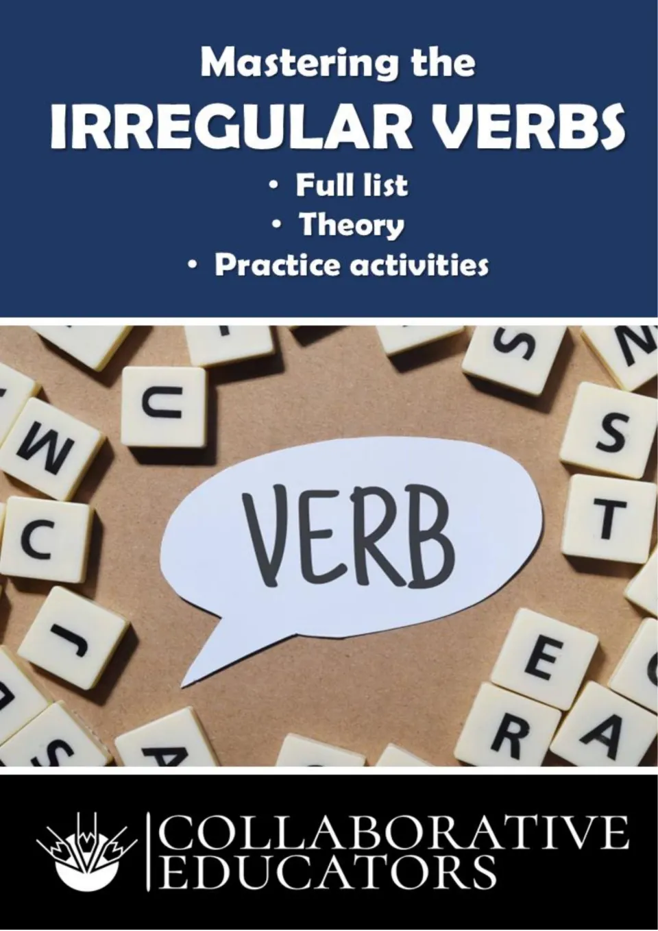 Mastering the Irregular Verbs cover listing a full list, theory and practice activities, with a VERB speech bubble