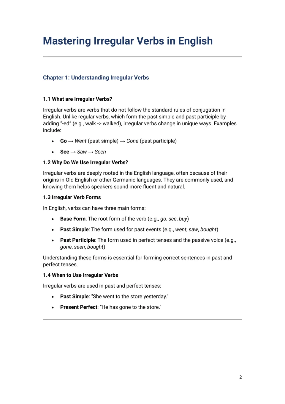 Chapter 1 on irregular verbs: defines them and explains base form, past simple and past participle with examples