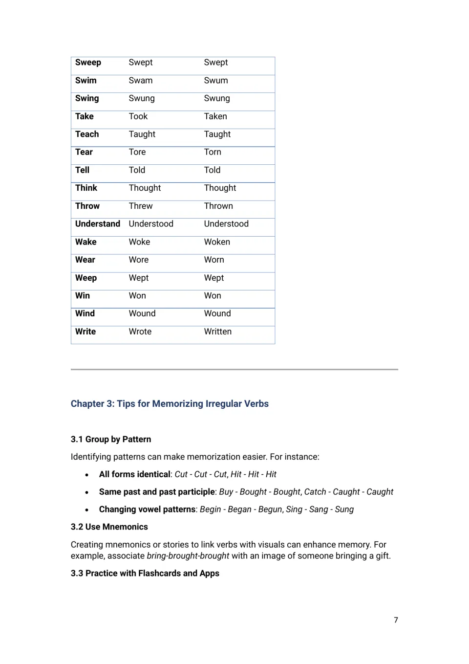 End of the verb list, sweep to write, then Chapter 3 memorizing tips: grouping verbs by pattern and using mnemonics