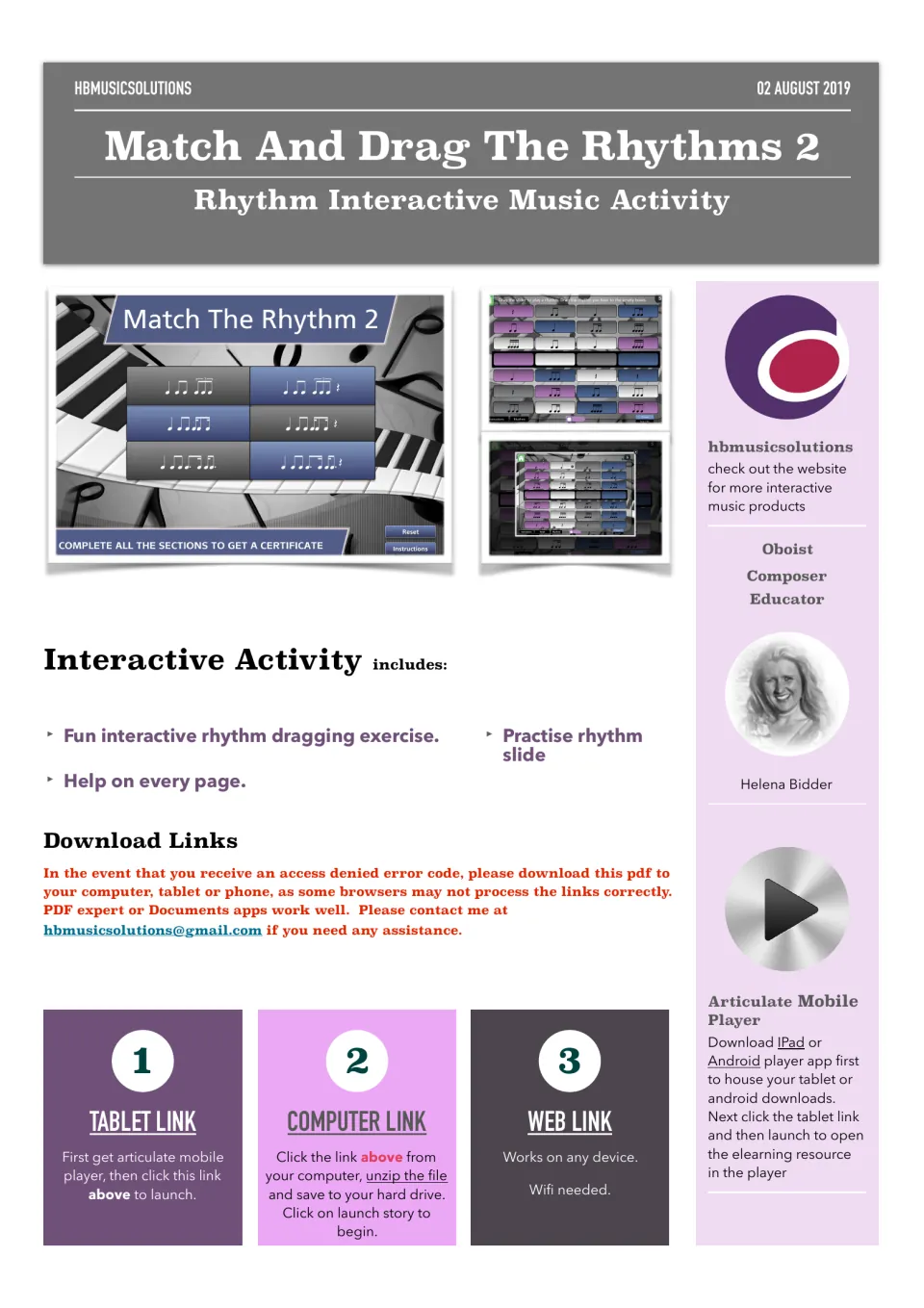 Match And Drag The Rhythms 2 cover: rhythm-matching game screenshots, with tablet, computer and web links to launch
