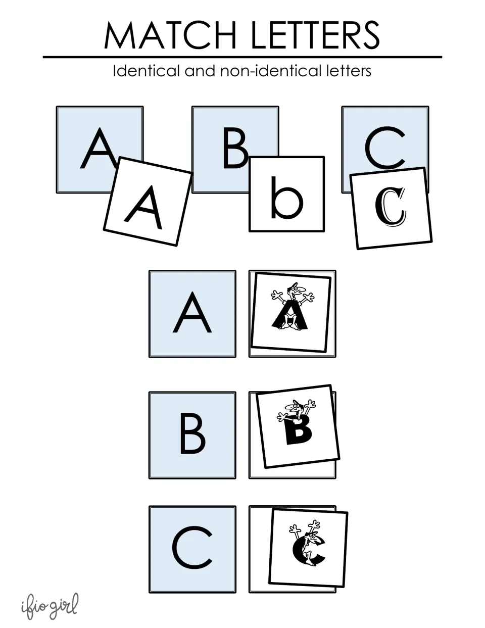 Match Letters cover: blue capital A, B, C cards paired with identical letters, lowercase b, fancy C and cartoon letters