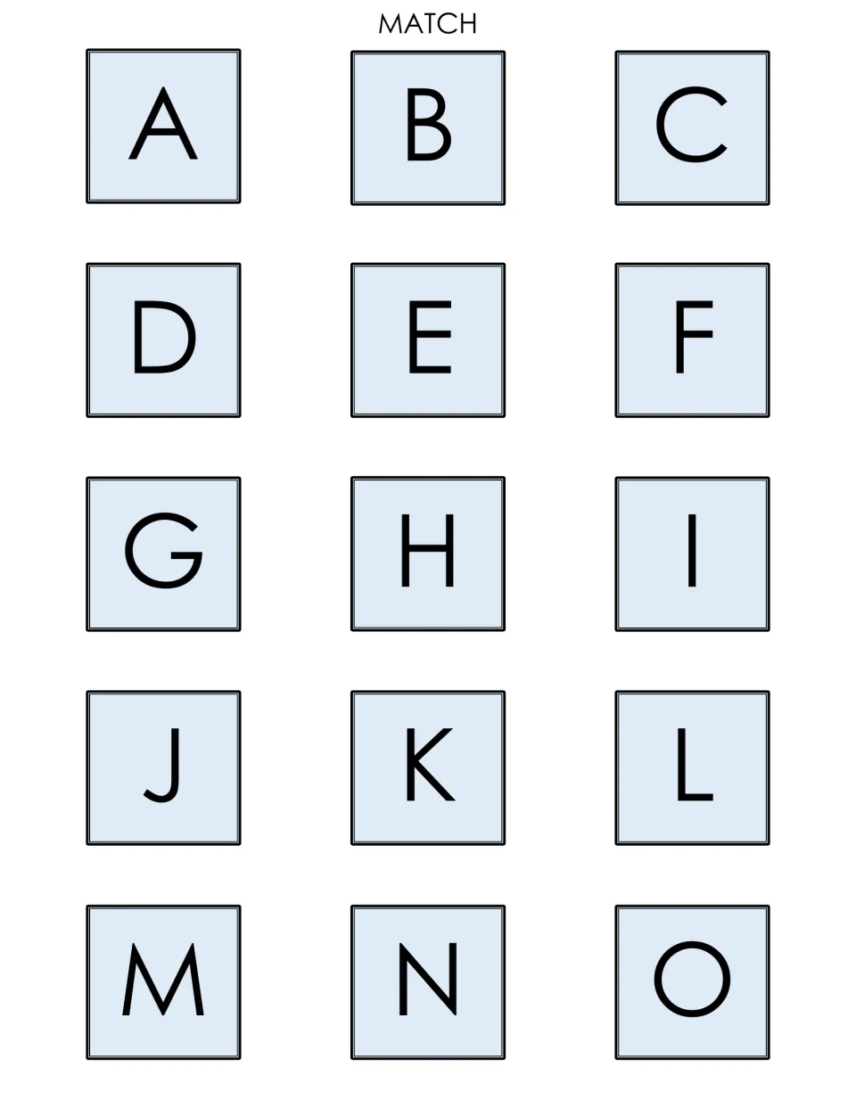 Letter cards A to O: fifteen blue capital letter cards headed MATCH for students to cut out and pair for letter recognition