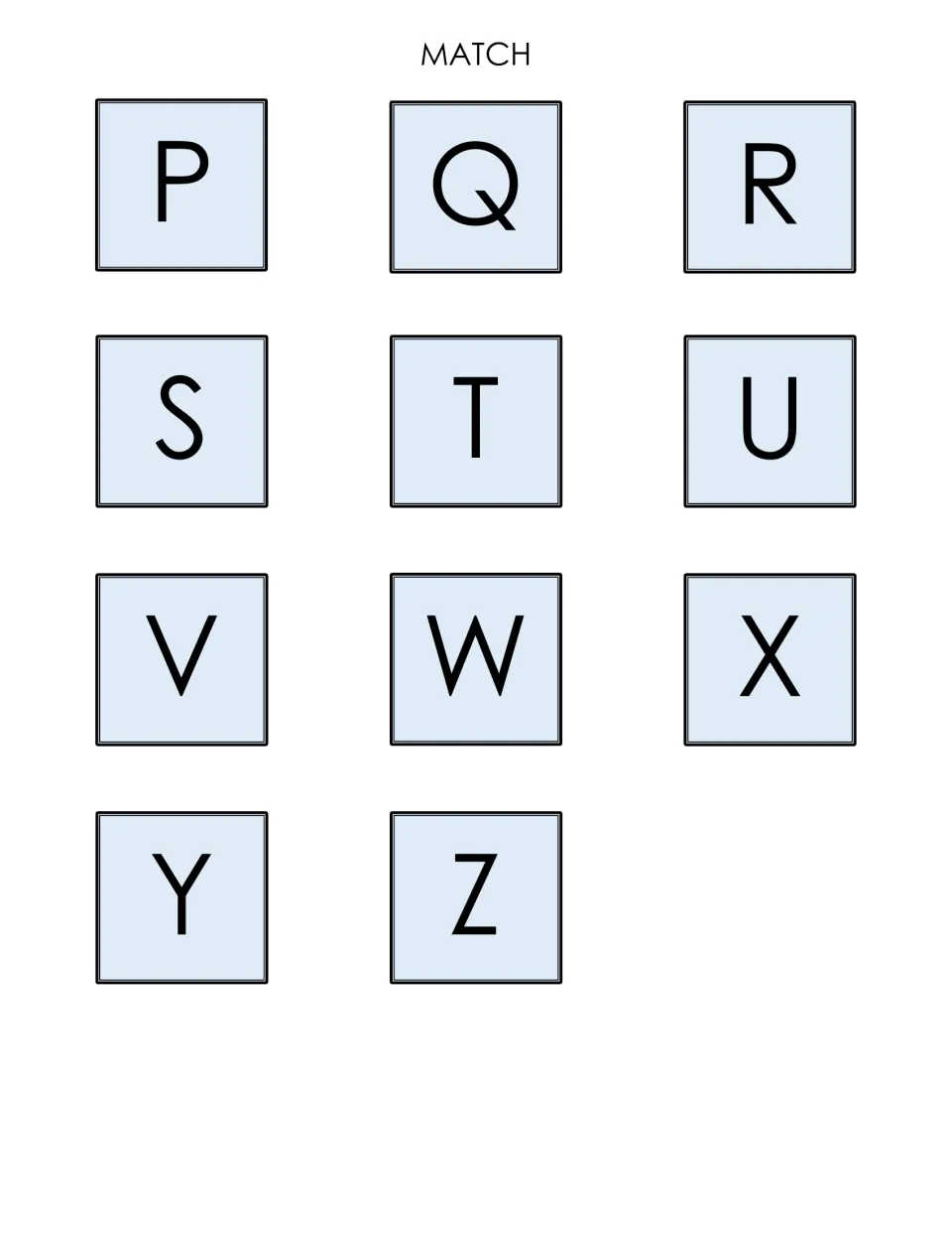 Letter cards P to Z: eleven blue capital letter cards headed MATCH that finish the alphabet set for letter matching