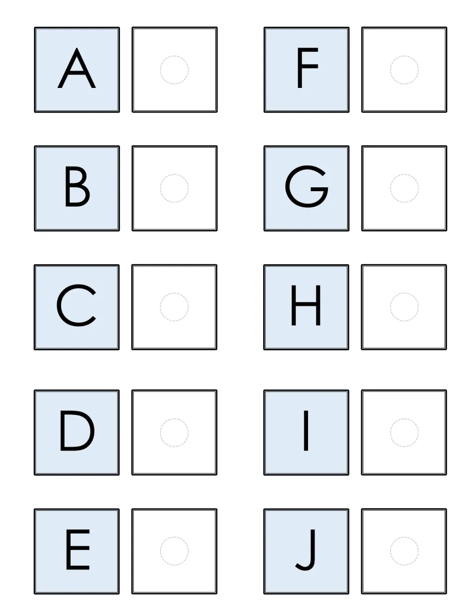 Letter matching mat A to J: each capital letter sits beside an empty space where students place the matching letter card