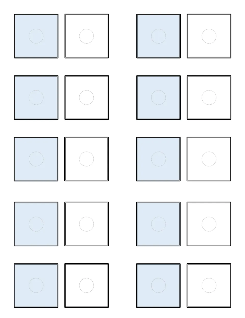 Blank letter matching template: ten empty blue and white card pairs, each with a dashed circle, ready for custom letters