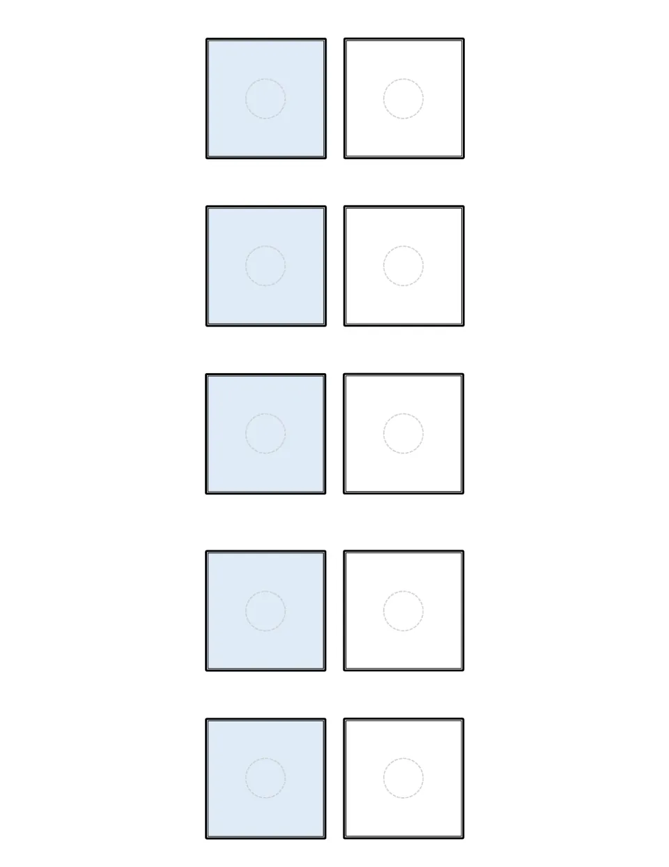 Blank five-pair letter matching template: empty blue and white cards with dashed circles for teacher-chosen letters