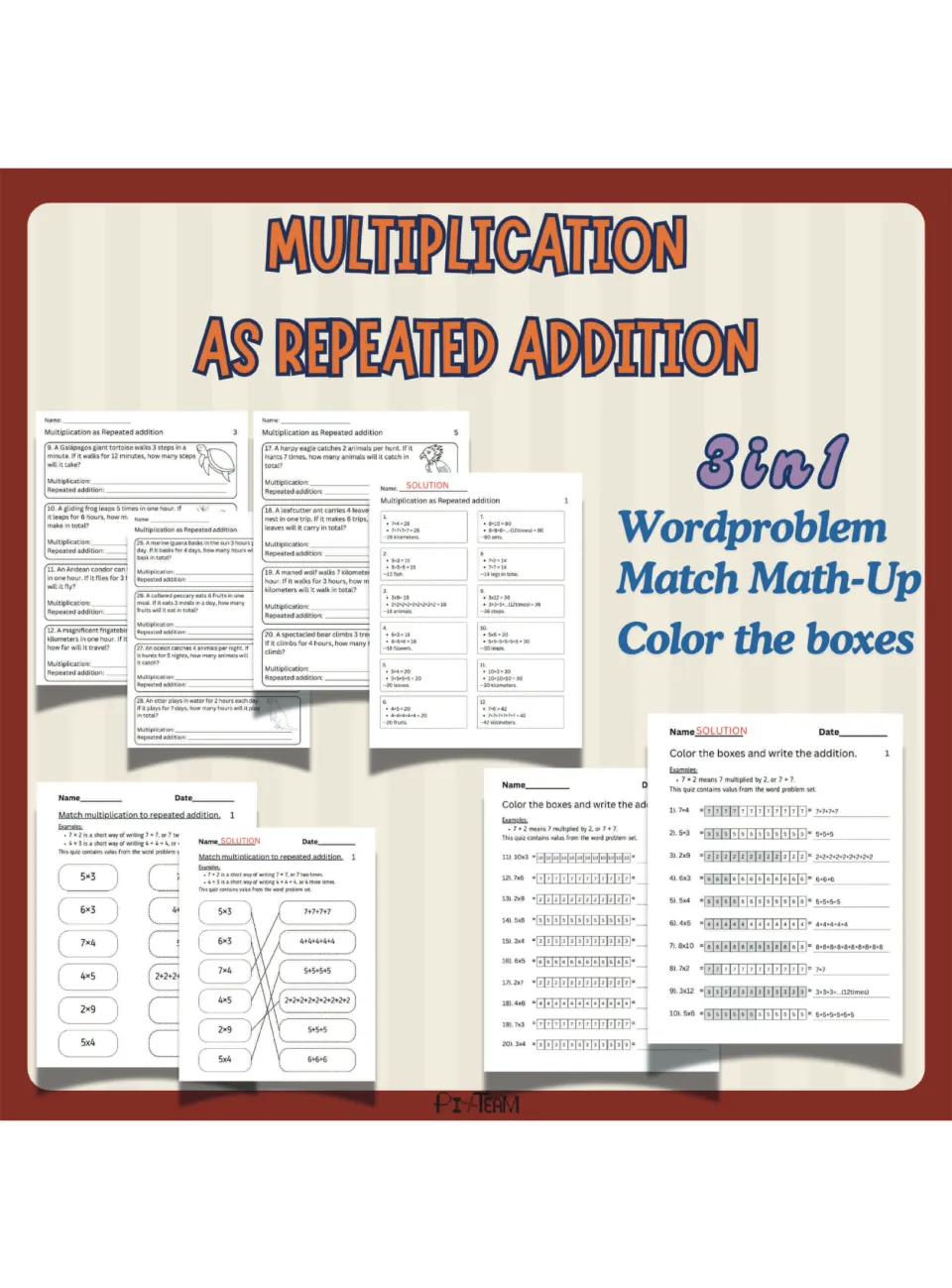 Multiplication as repeated addition 3 in 1 cover: word problems, match math-up and color the boxes sheets with solutions