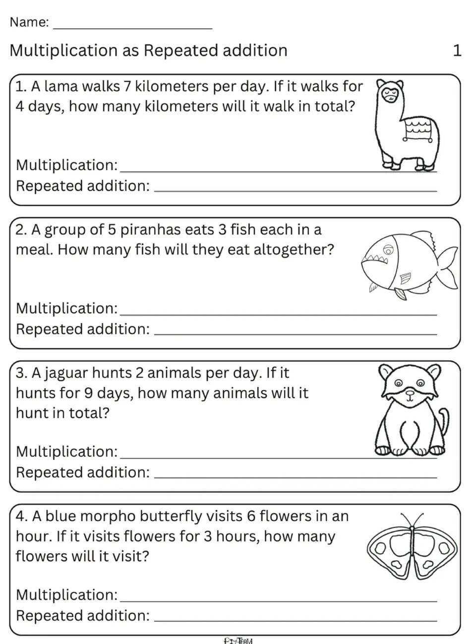 Animal word problems 1-4: students write a multiplication and a repeated addition for a llama, piranhas, jaguar, butterfly