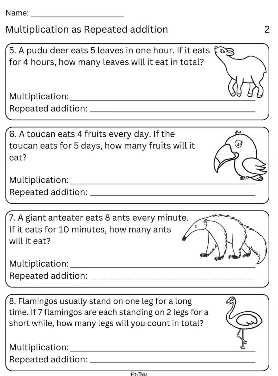 Word problems 5-8 on a pudu deer, toucan, anteater and flamingos: students write each as a product and a repeated sum