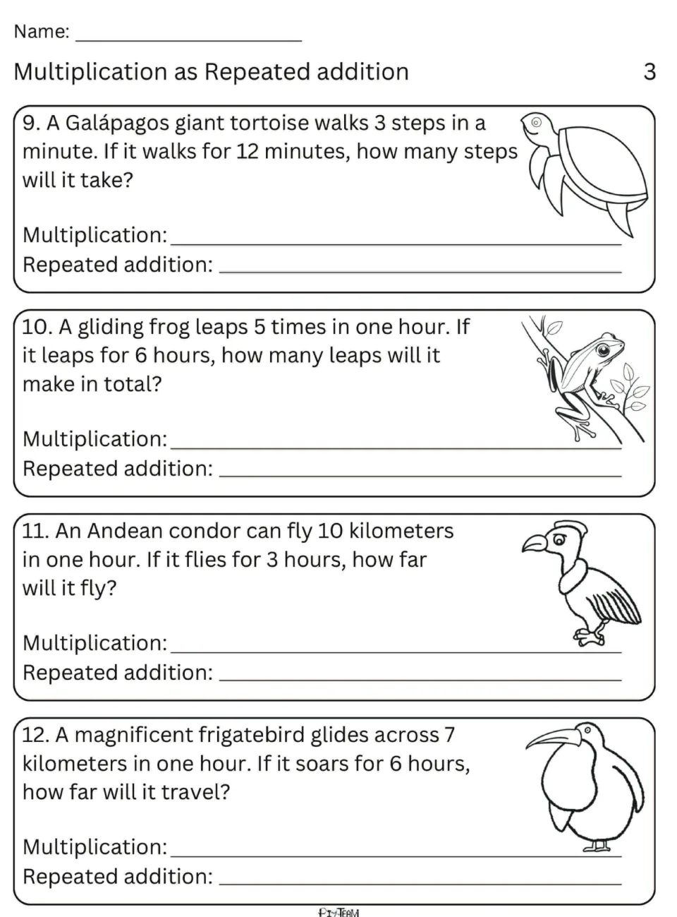 Word problems 9-12 about a tortoise, gliding frog, condor and frigatebird: students write a multiplication and a sum