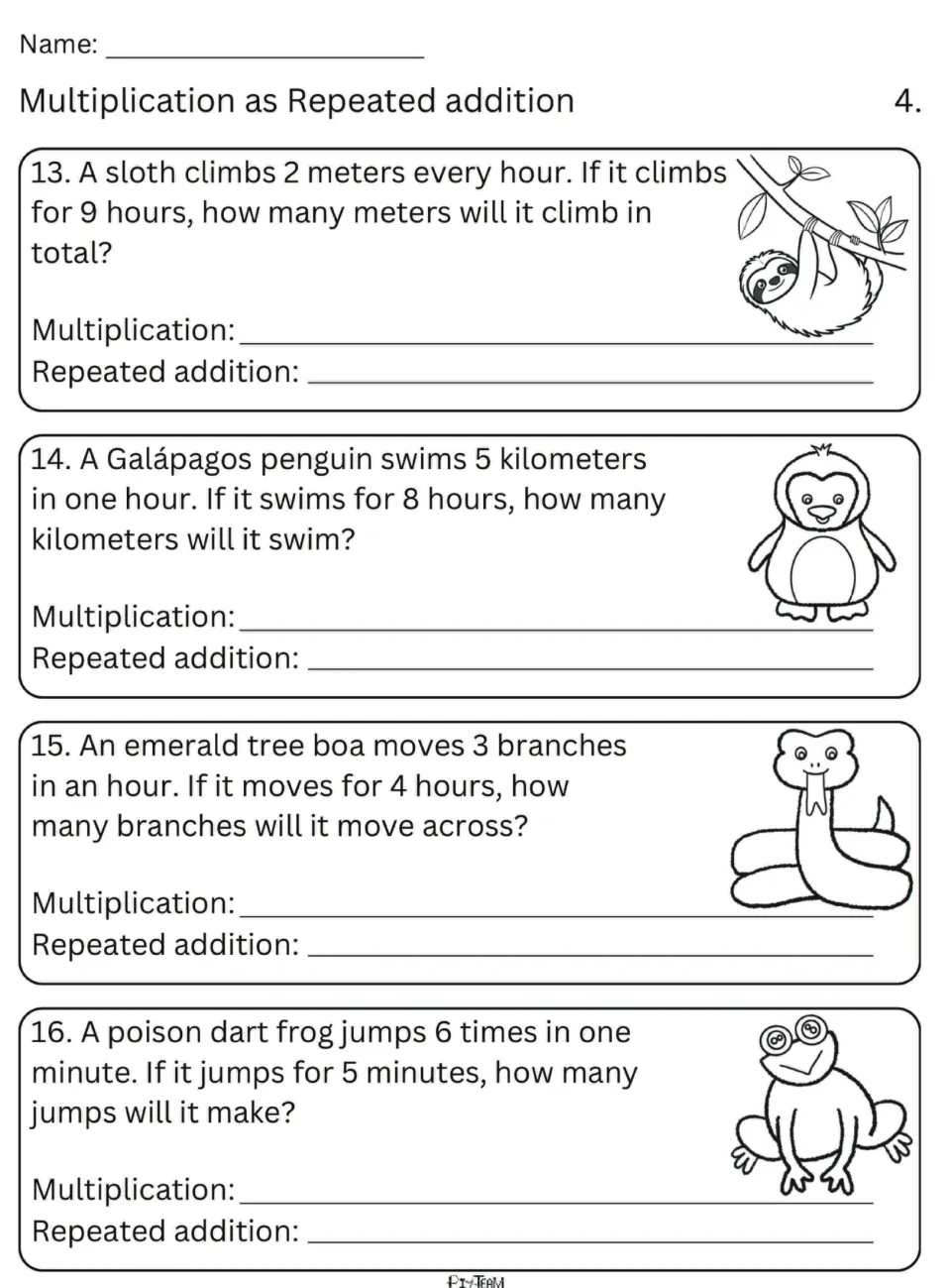 Word problems 13-16 on a sloth, penguin, tree boa and poison dart frog: students record each as multiplication and addition